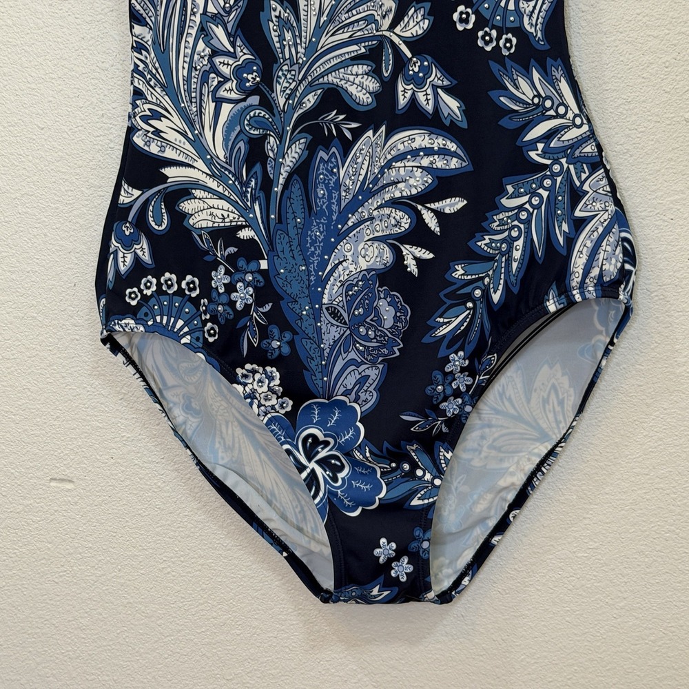 Lauren Ralph Lauren One Piece Swimsuit Size 10 Blue Floral Studs Padded Slimming - Picture 4 of 9